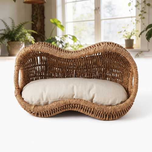 Arachide | Peanut Shaped Handwoven Rattan Cat Bed with Washable Cushion