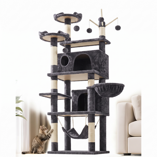 Aerie | 67 Inch Cat Tower with Two Condos, Hammock and Teaser Sticks