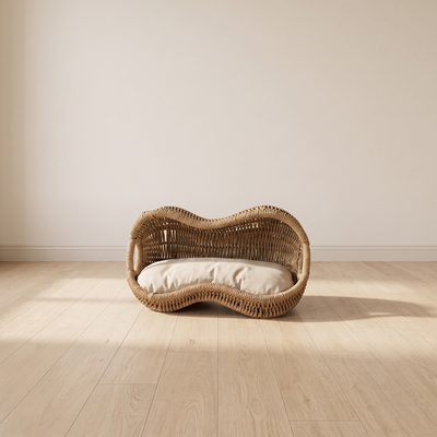Arachide rattan cat bed shown in a room for scale