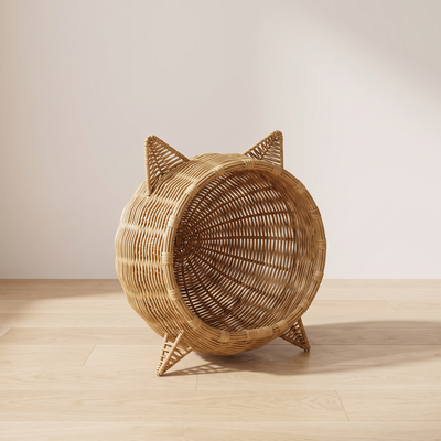 Aria woven cat house three quarter view showing the open weave and entrance