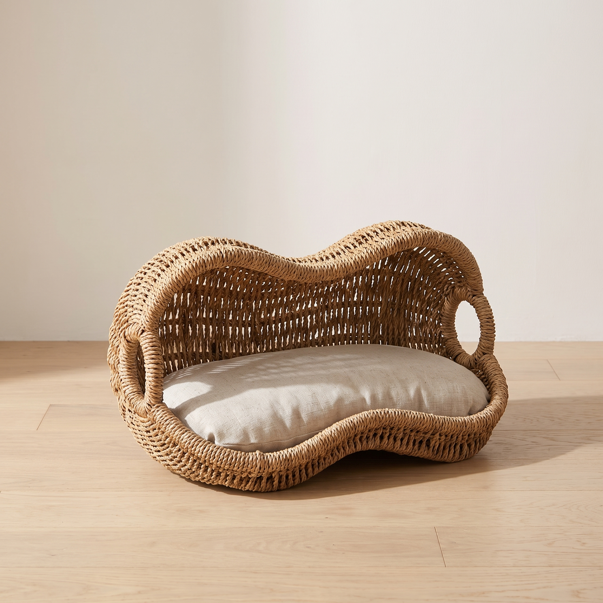 Arachide rattan cat bed three quarter view showing the cane weave and cushion