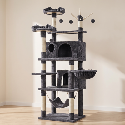 Aerie cat tower three quarter view showing perches and construction