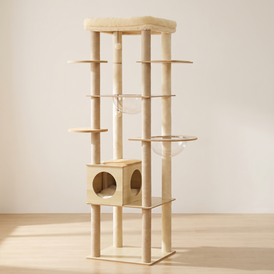 Cascade cat tower in a minimal room with pale oak floor