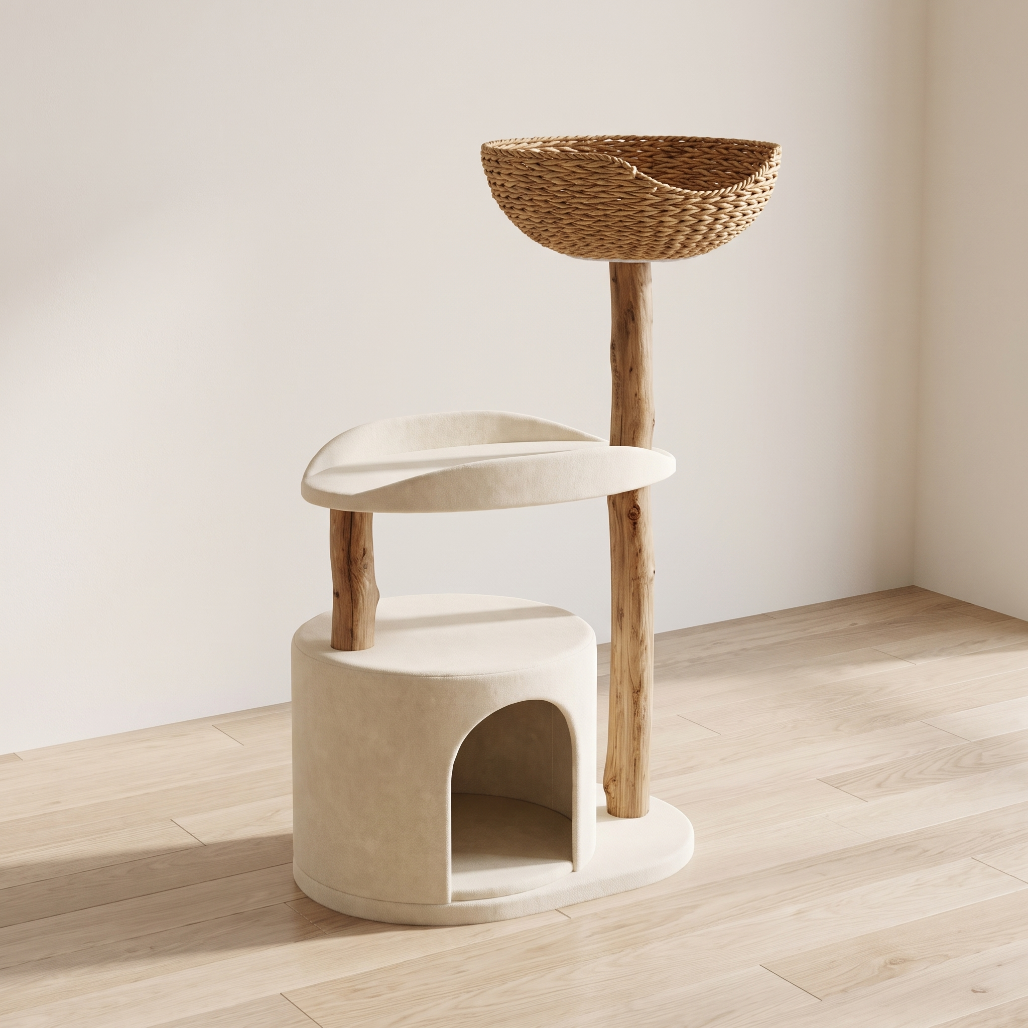 Basken cat tree three quarter view showing timber grain and basket weave