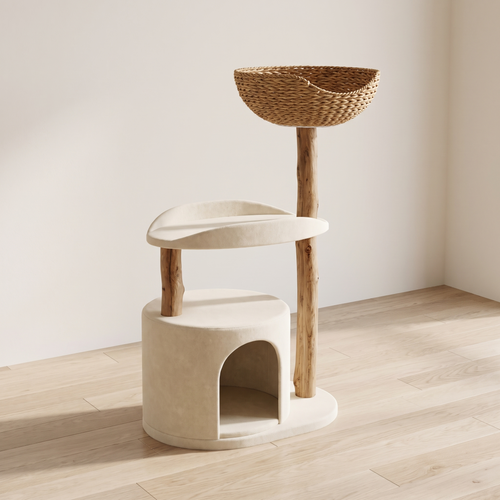 Basken | Modern Cat Tree with Solid Wood Posts and Wicker Basket Bed