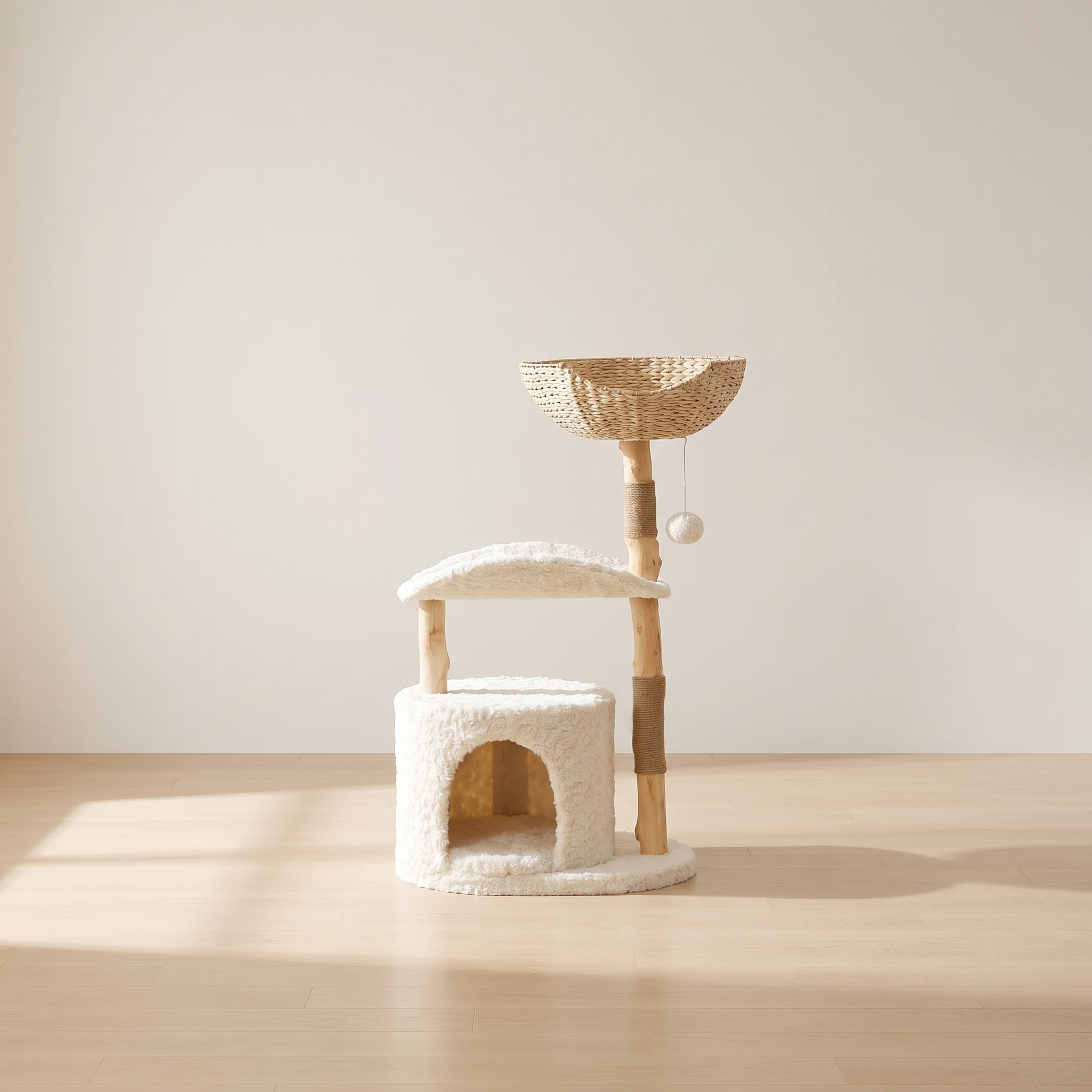 Basken cat tree in a minimal room with pale oak floor