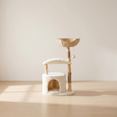 Basken | Modern Cat Tree with Solid Wood Posts and Wicker Basket Bed