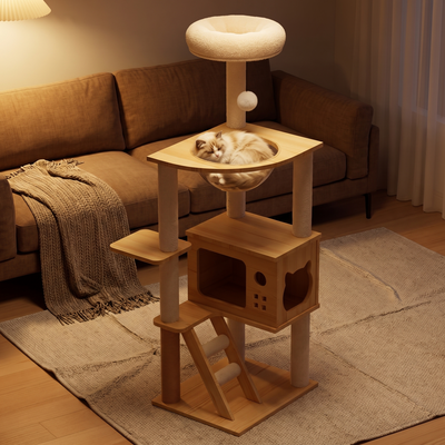 Clearview cat tower in a warm evening interior with a cat asleep in the hammock