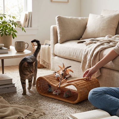 Cesta woven rattan storage basket in use beside a sofa holding cat supplies