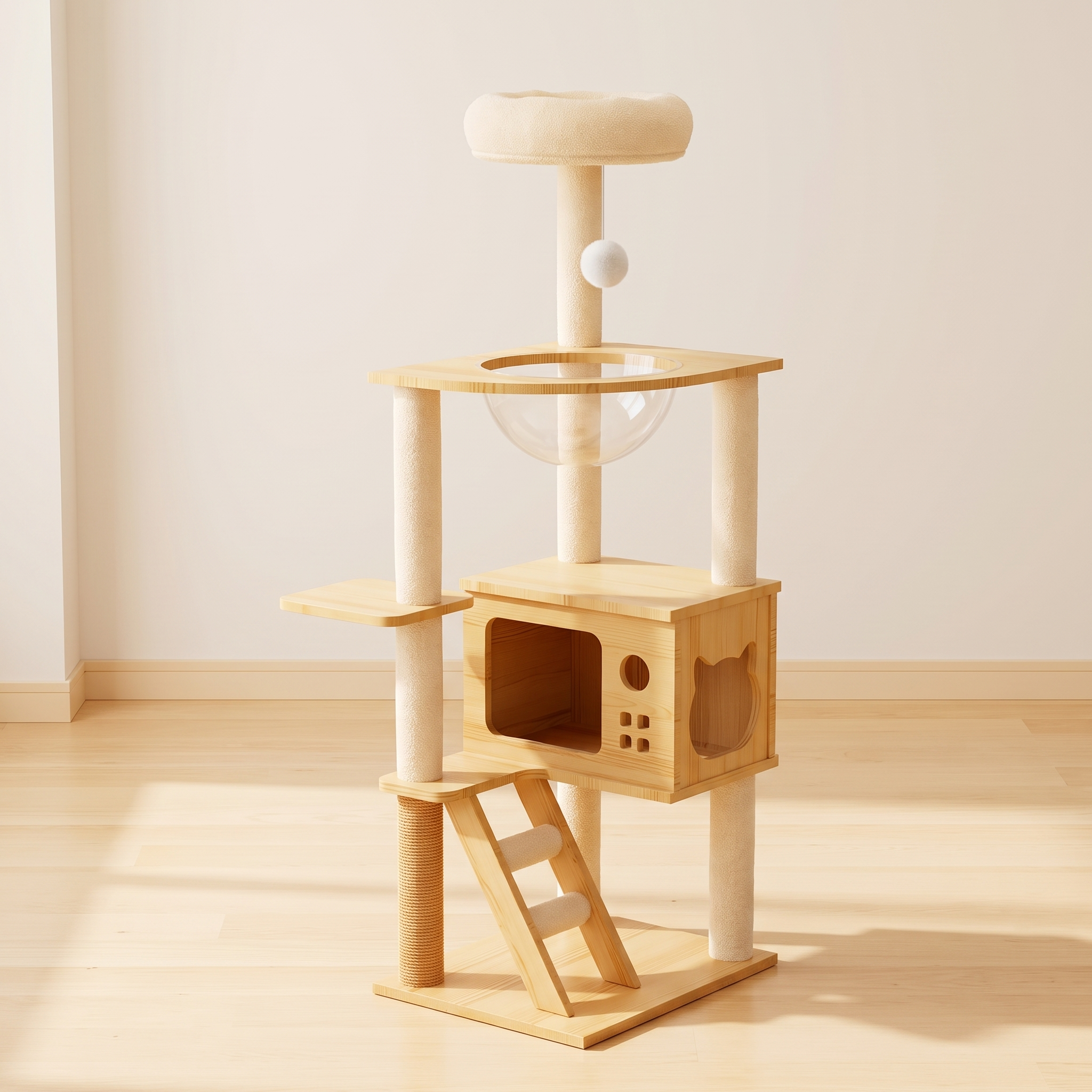 Clearview cat tower in a minimal room with pale oak floor