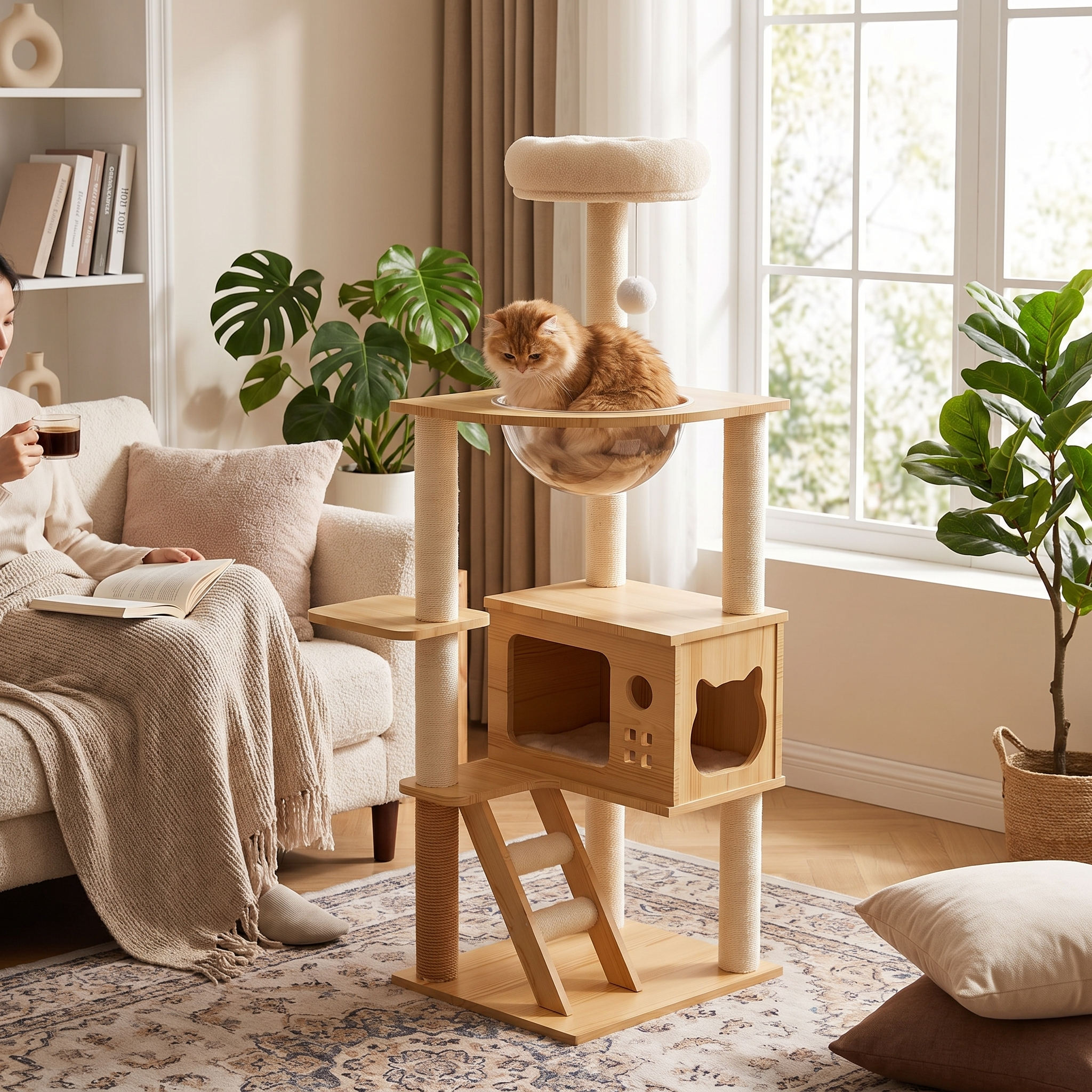 Clearview cat tower in use with a cat lying in the acrylic hammock