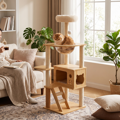 Clearview cat tower in use with a cat lying in the acrylic hammock