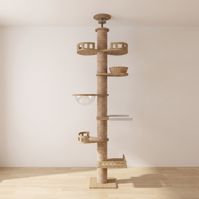 Column cat tower in a minimal room with pale oak floor