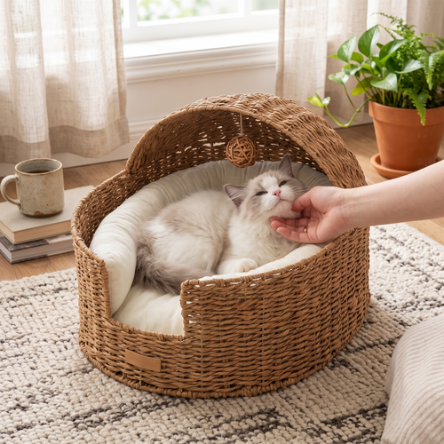 Cradela | Semi Enclosed Rattan Cat Cradle Bed with Washable Cushion