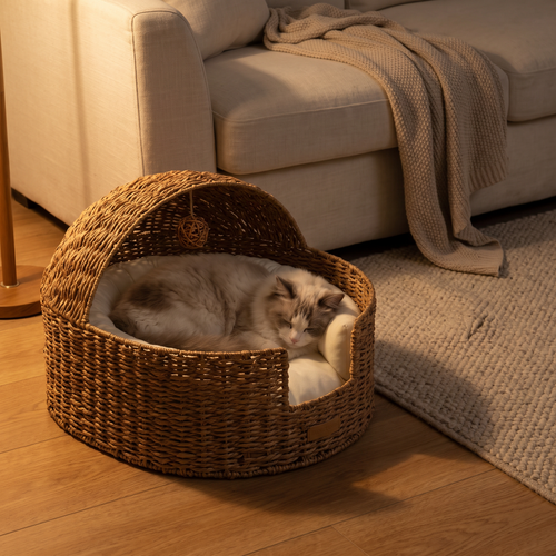 Cradela | Semi Enclosed Rattan Cat Cradle Bed with Washable Cushion