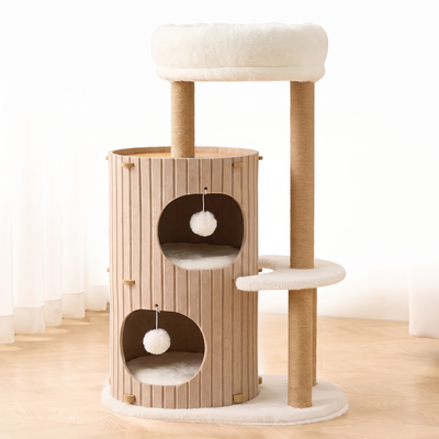 Copse 36 inch modern cat tree with two caves on a white background