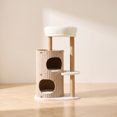 Copse cat tree in a minimal room with pale oak floor