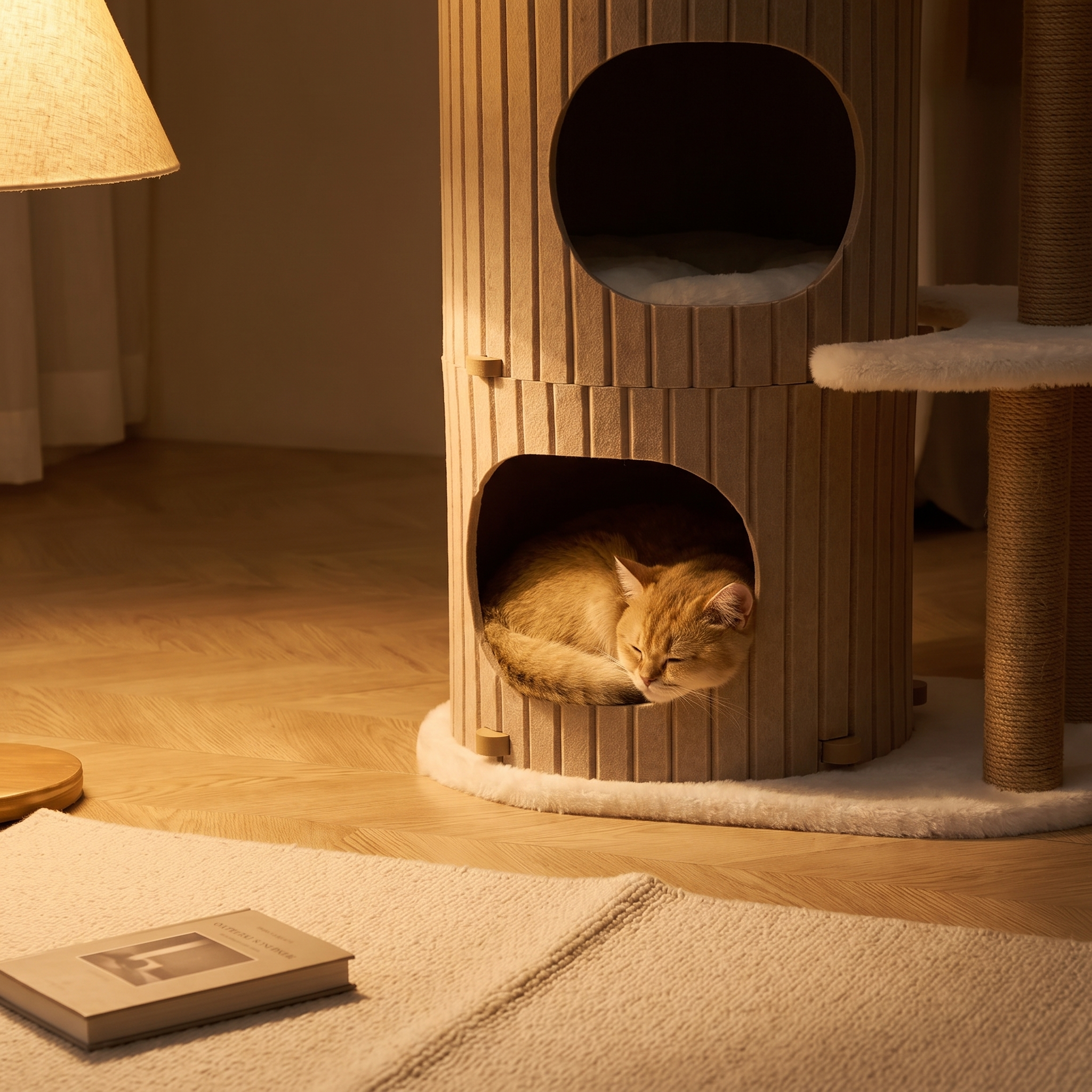 Copse cat tree in a warm evening interior with a cat asleep inside a cave