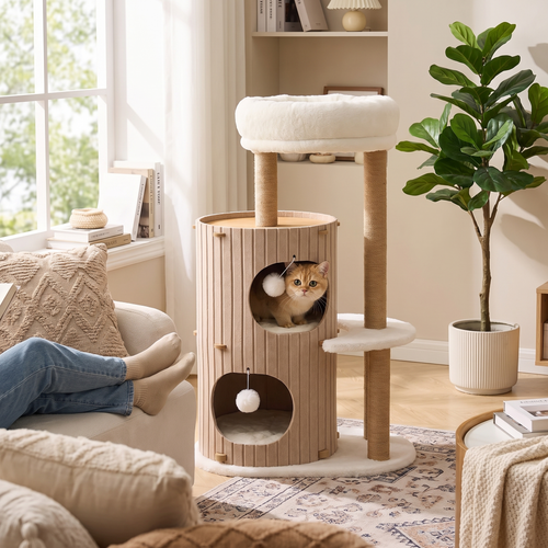 Copse | 36 Inch Modern Cat Tree with Two Caves and Washable Cushions