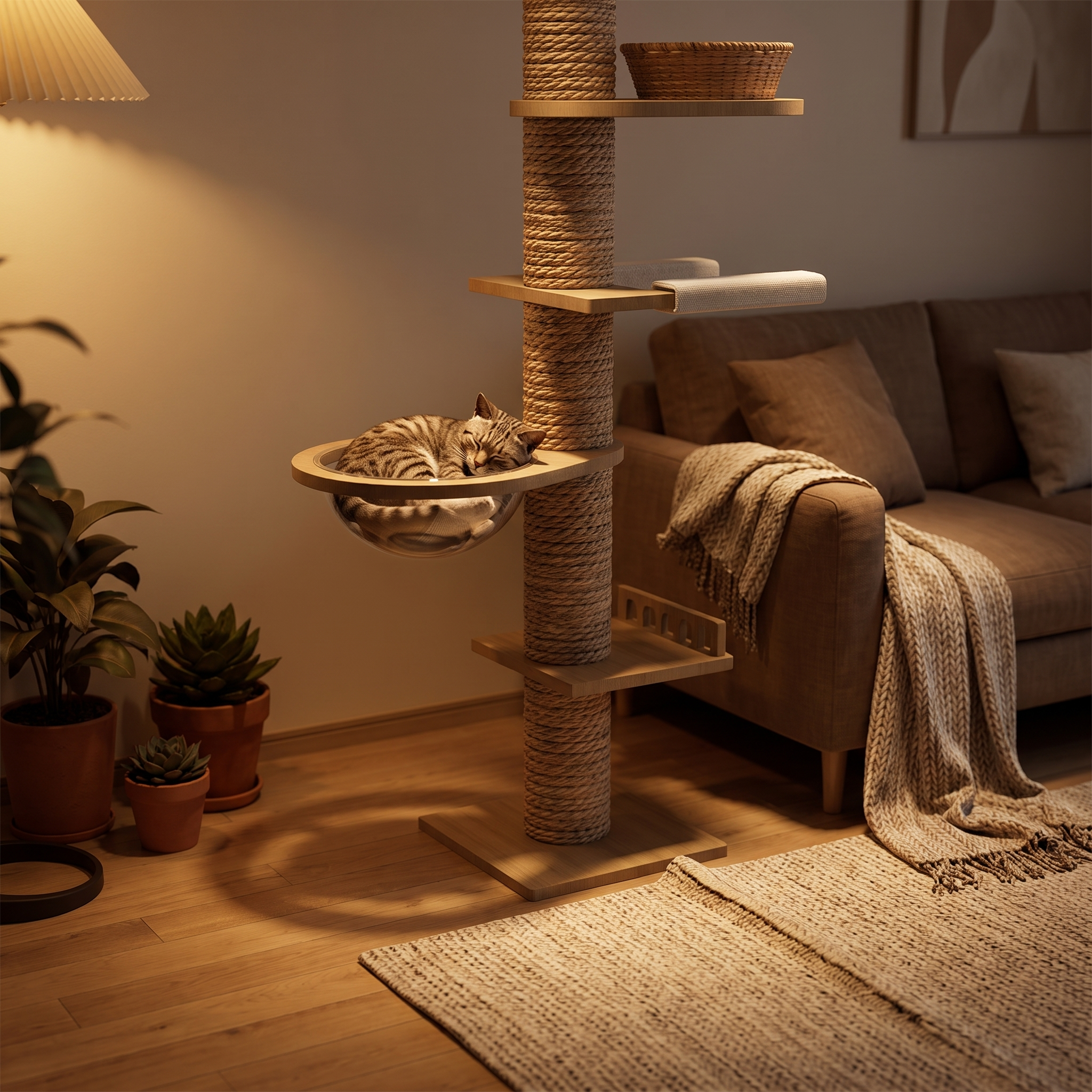 Column cat tower in a warm evening interior with a cat asleep on a perch