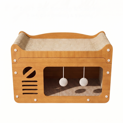 Duplex | Double Layer Cardboard Cat Scratcher Lounge with Pom Pom Toys