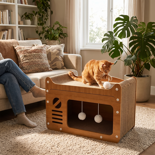 Duplex | Double Layer Cardboard Cat Scratcher Lounge with Pom Pom Toys