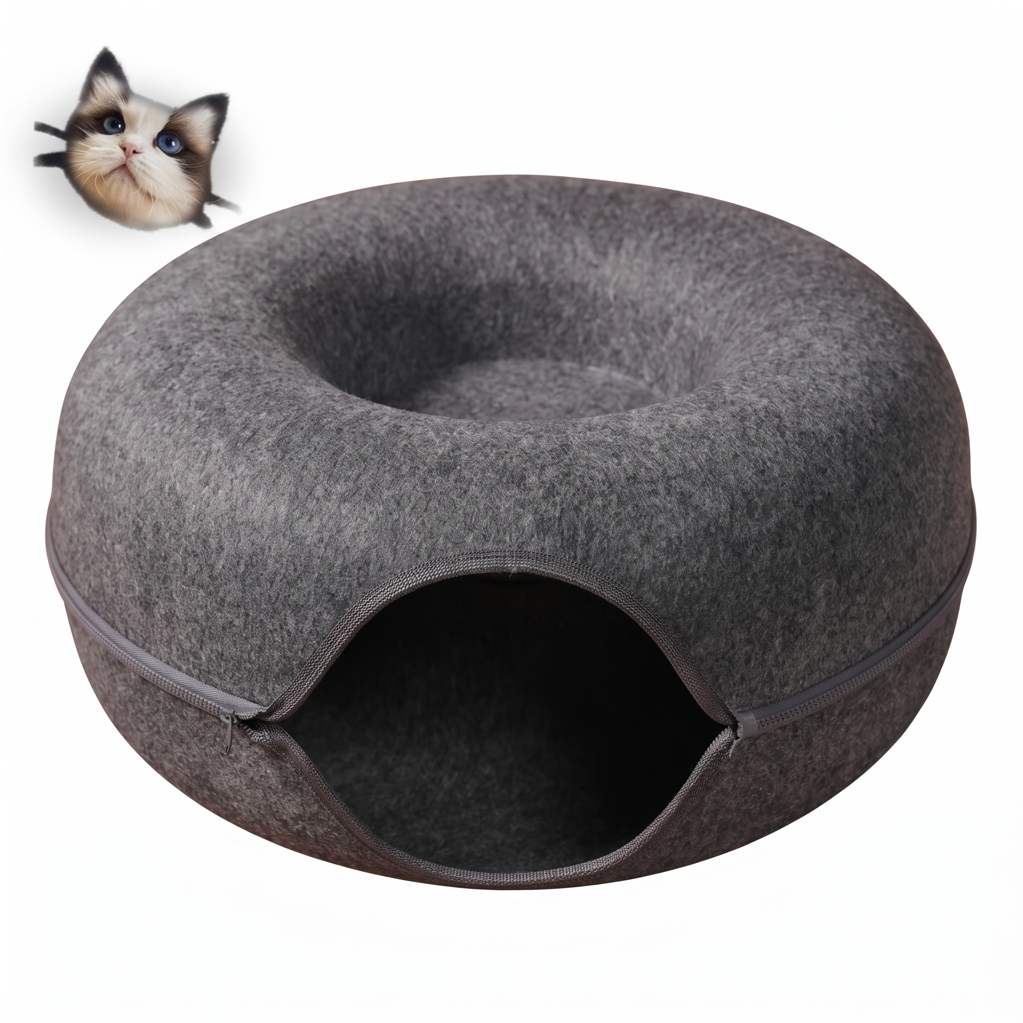 Donut round grey felt cat tunnel nest on a white background