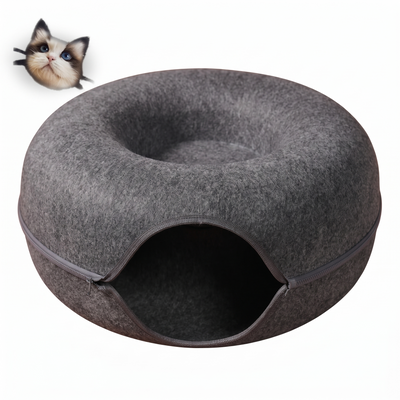 Donut round grey felt cat tunnel nest on a white background
