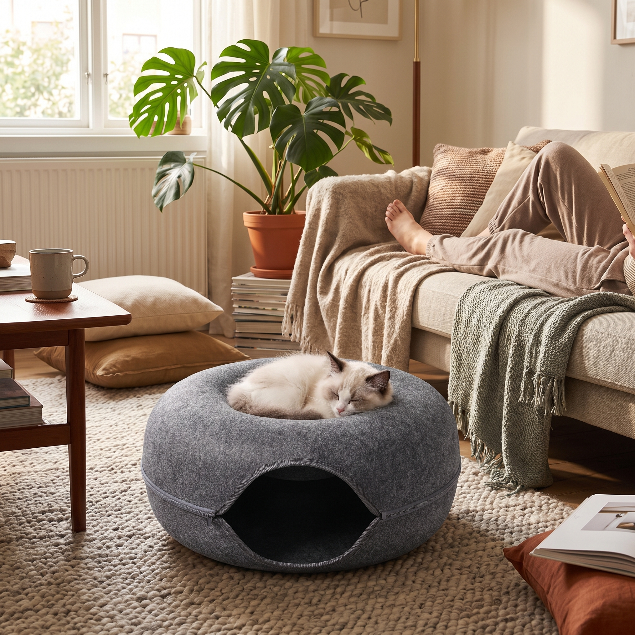Donut felt cat tunnel nest in use with a kitten curled inside