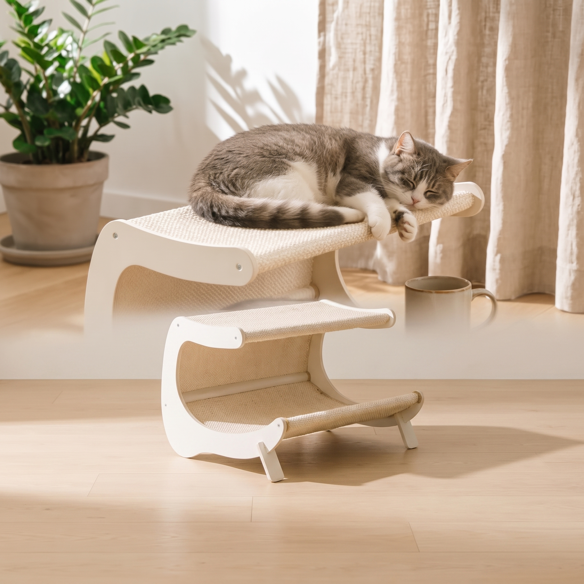Duo scratcher lounge in a minimal room with pale oak floor