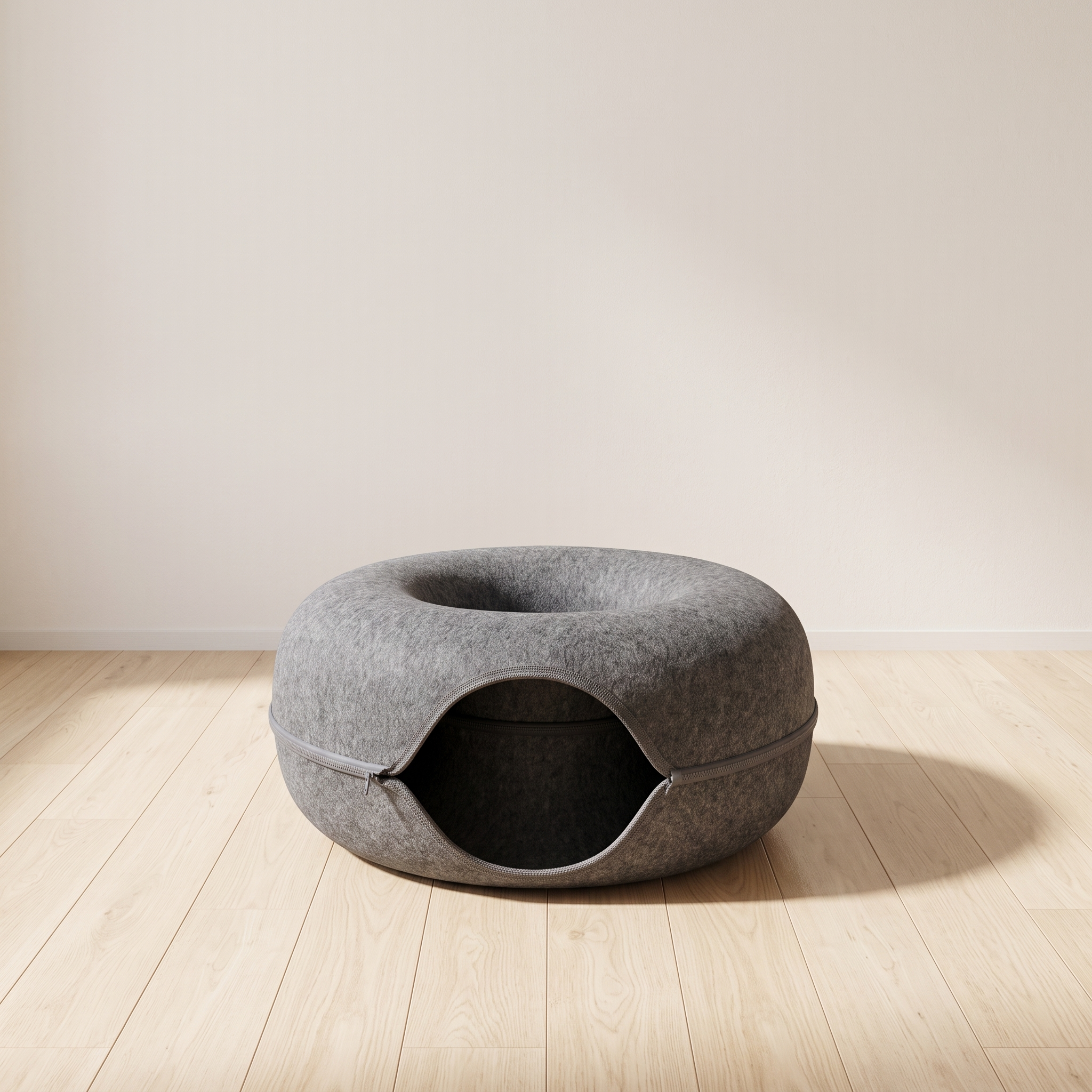 Donut felt cat nest in a minimal room with pale oak floor