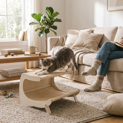 Duo jute cat scratcher lounge in use with a cat stretching and scratching