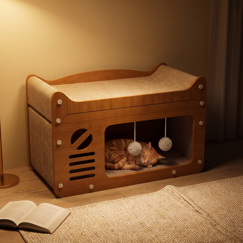Duplex | Double Layer Cardboard Cat Scratcher Lounge with Pom Pom Toys