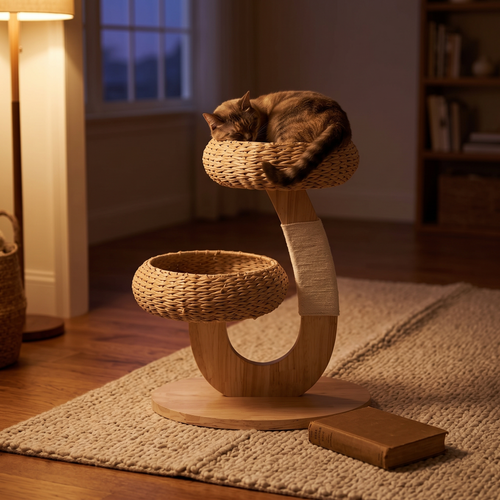 Elmwood | Woven Cat Tree with Rattan Perch in Natural Wood Finish