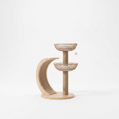 Elmspire wooden cat tree with rattan perch on a white background