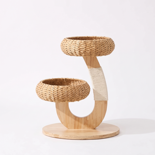Elmwood | Woven Cat Tree with Rattan Perch in Natural Wood Finish