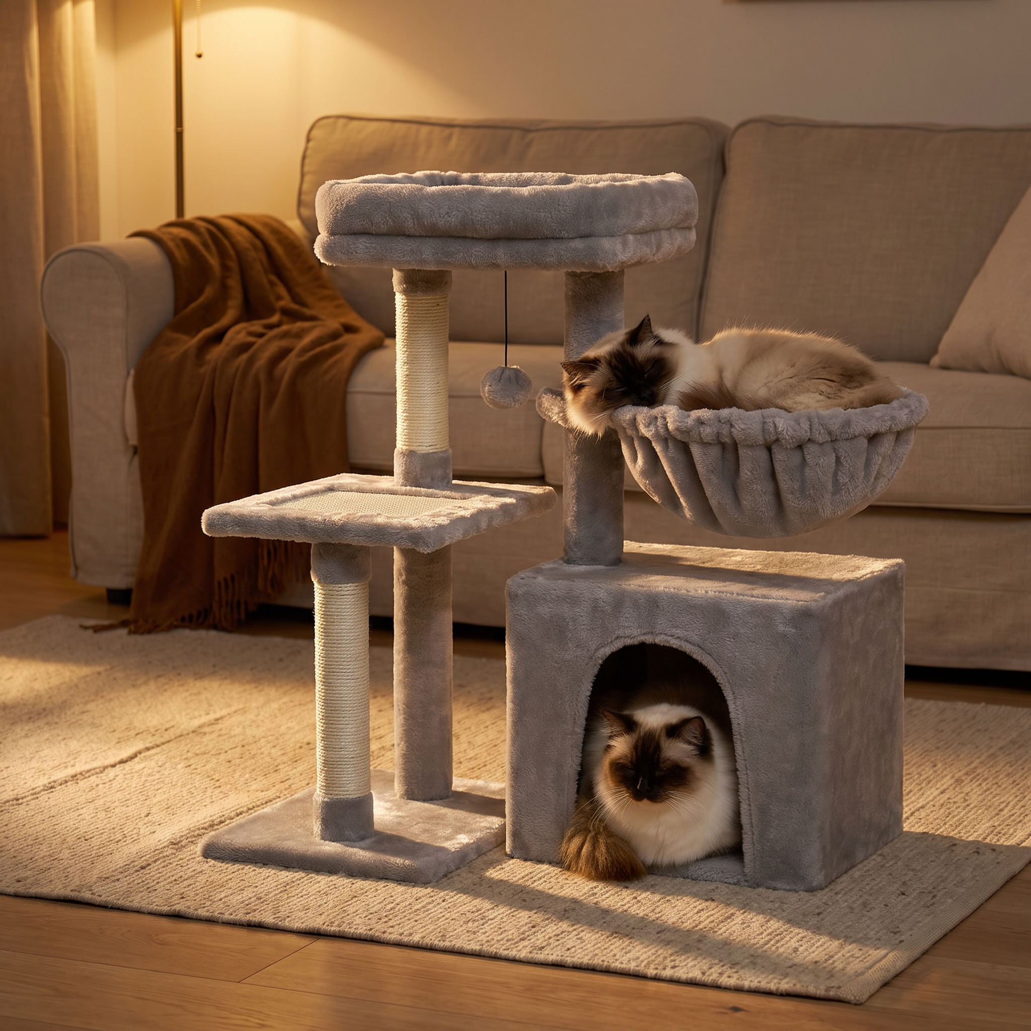 Halden cat tower in a warm evening interior with a cat asleep in the hammock