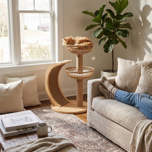 Elmspire | Wooden Cat Tree with Rattan Perch for Small Living Spaces