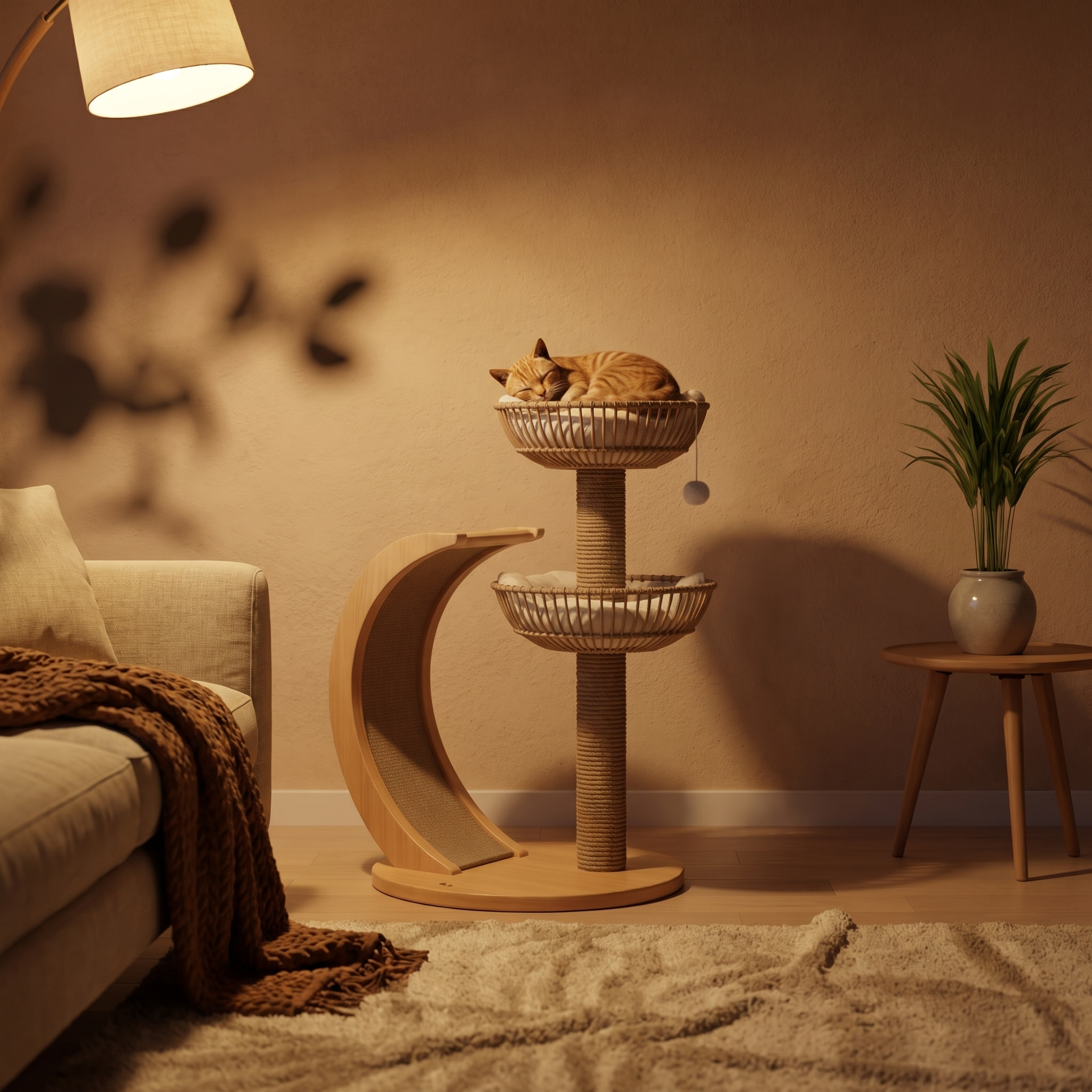 Elmspire cat tree in a warm evening interior with a cat asleep on the perch
