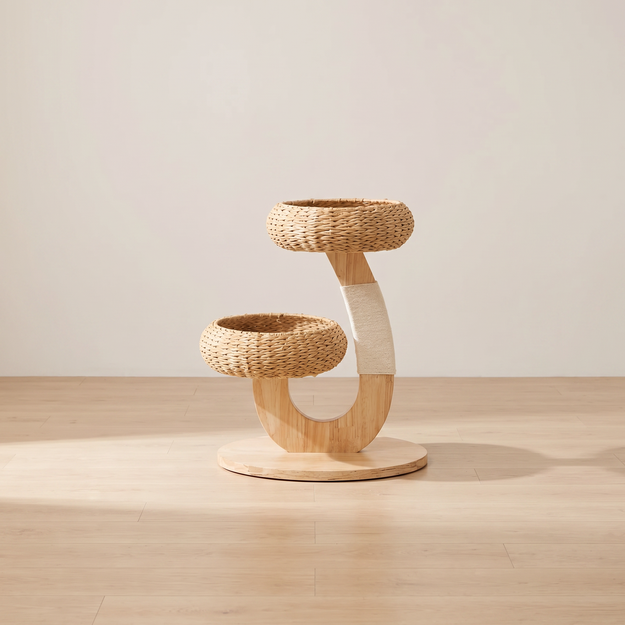Elmwood cat tree in a minimal room with pale oak floor