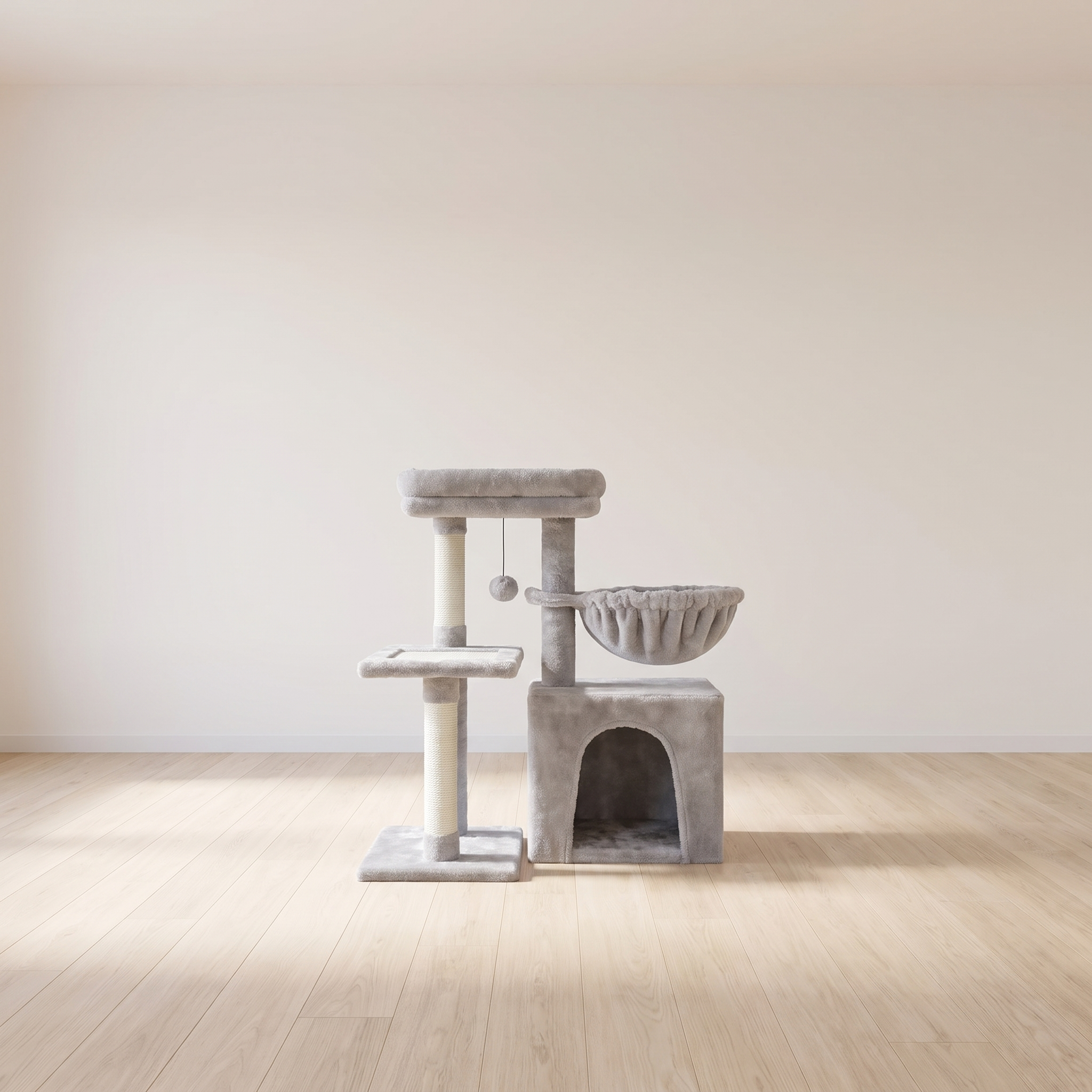 Halden cat tower in a minimal room with pale oak floor