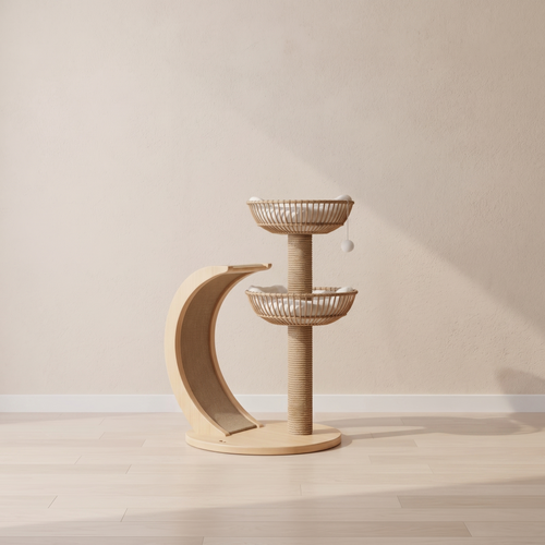 Elmspire | Wooden Cat Tree with Rattan Perch for Small Living Spaces