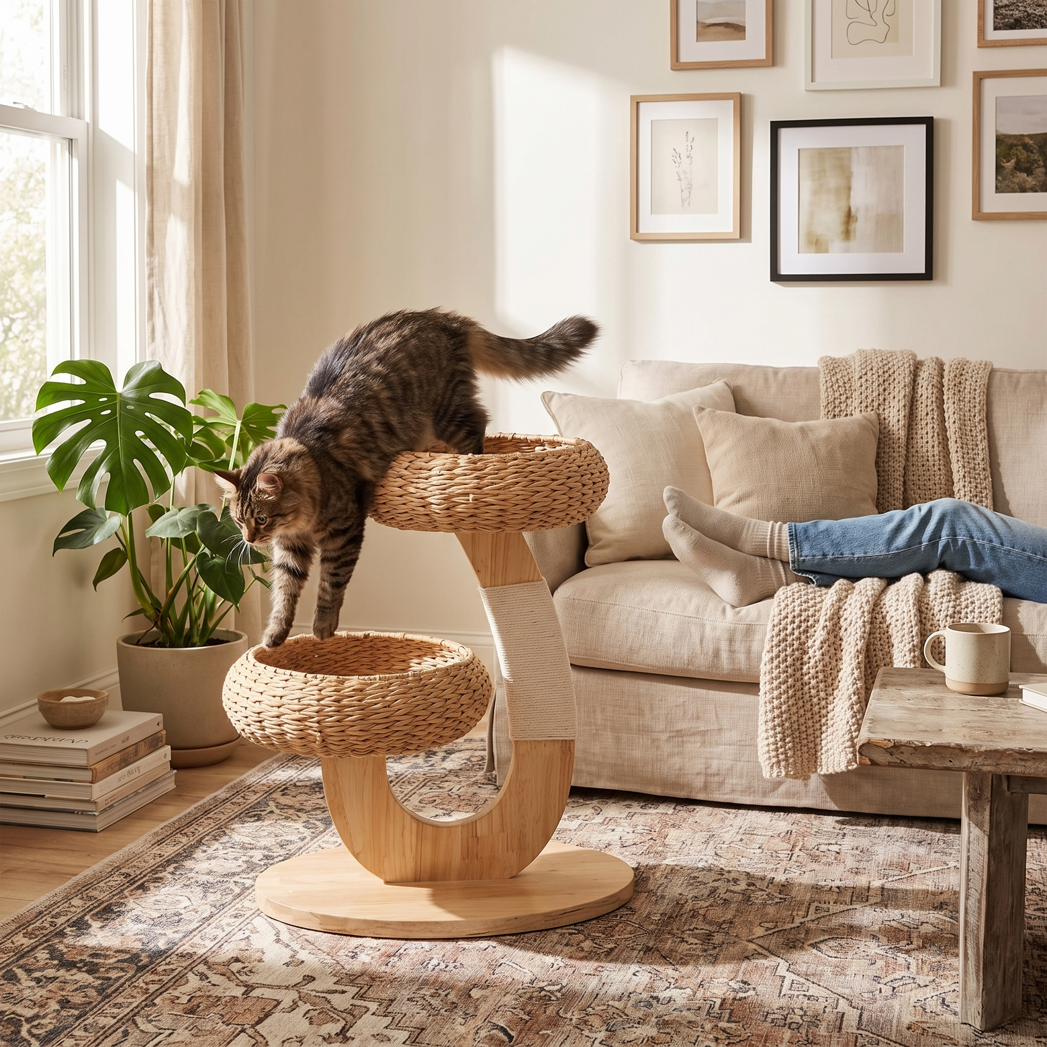 Elmwood natural wood cat tree in use with a cat stepping onto the perch