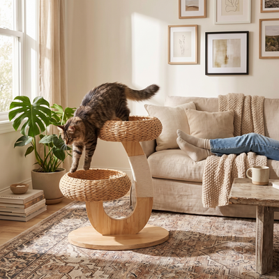 Elmwood natural wood cat tree in use with a cat stepping onto the perch