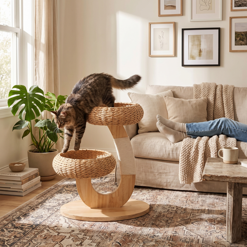 Elmwood | Woven Cat Tree with Rattan Perch in Natural Wood Finish