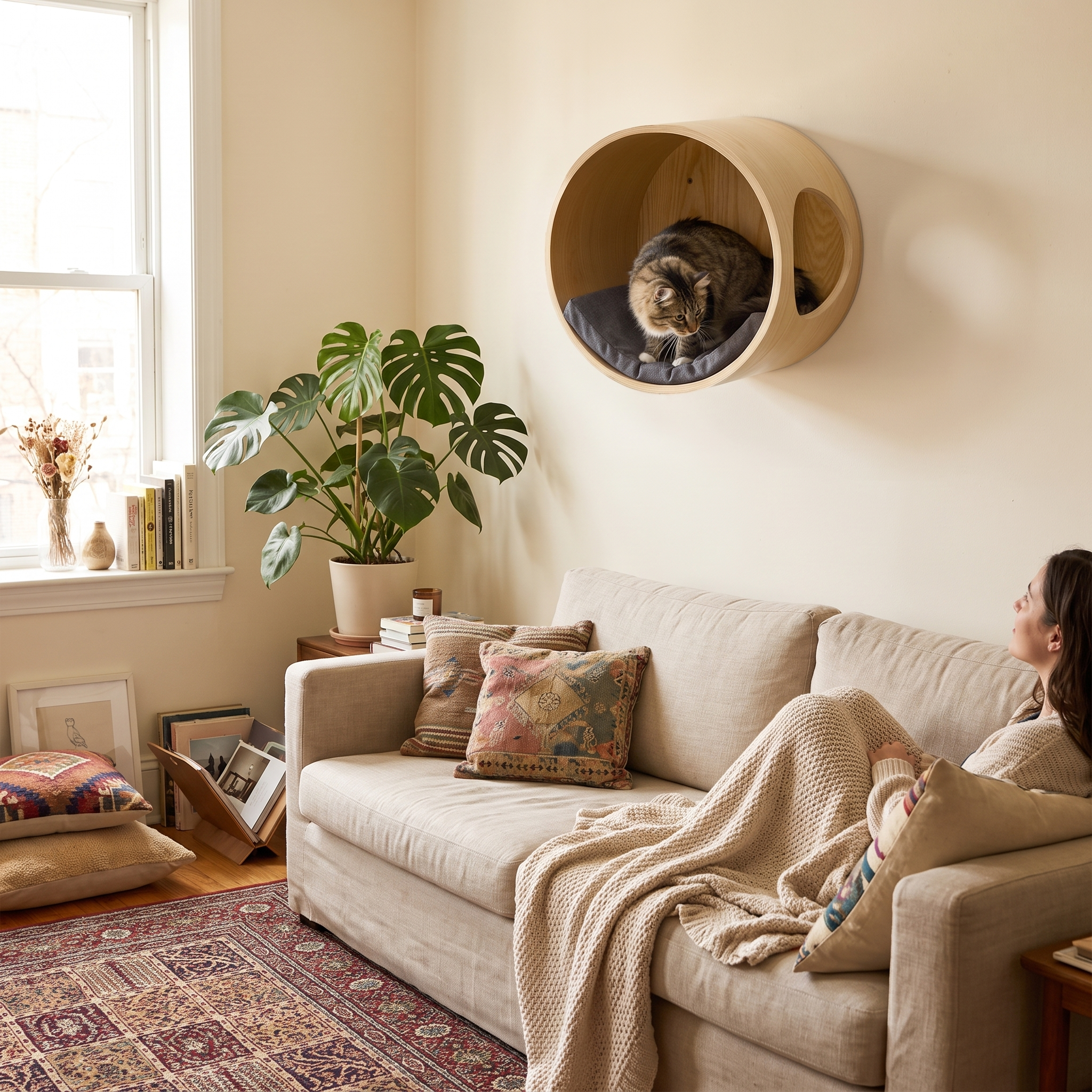 Ledge wall mounted cat shelf in use with a cat sitting on it above a living room