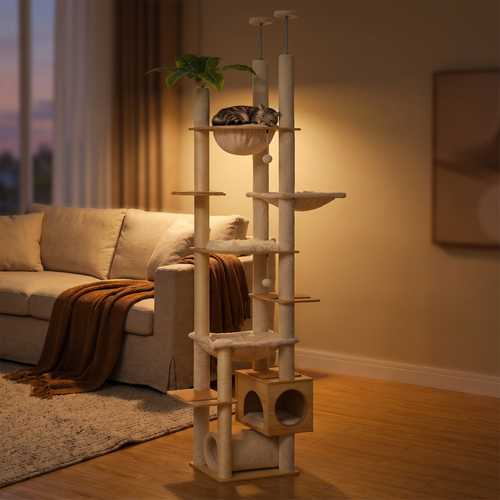 Meridian | Height Adjustable Wooden Cat Tower with Large Hammock and Sisal Posts