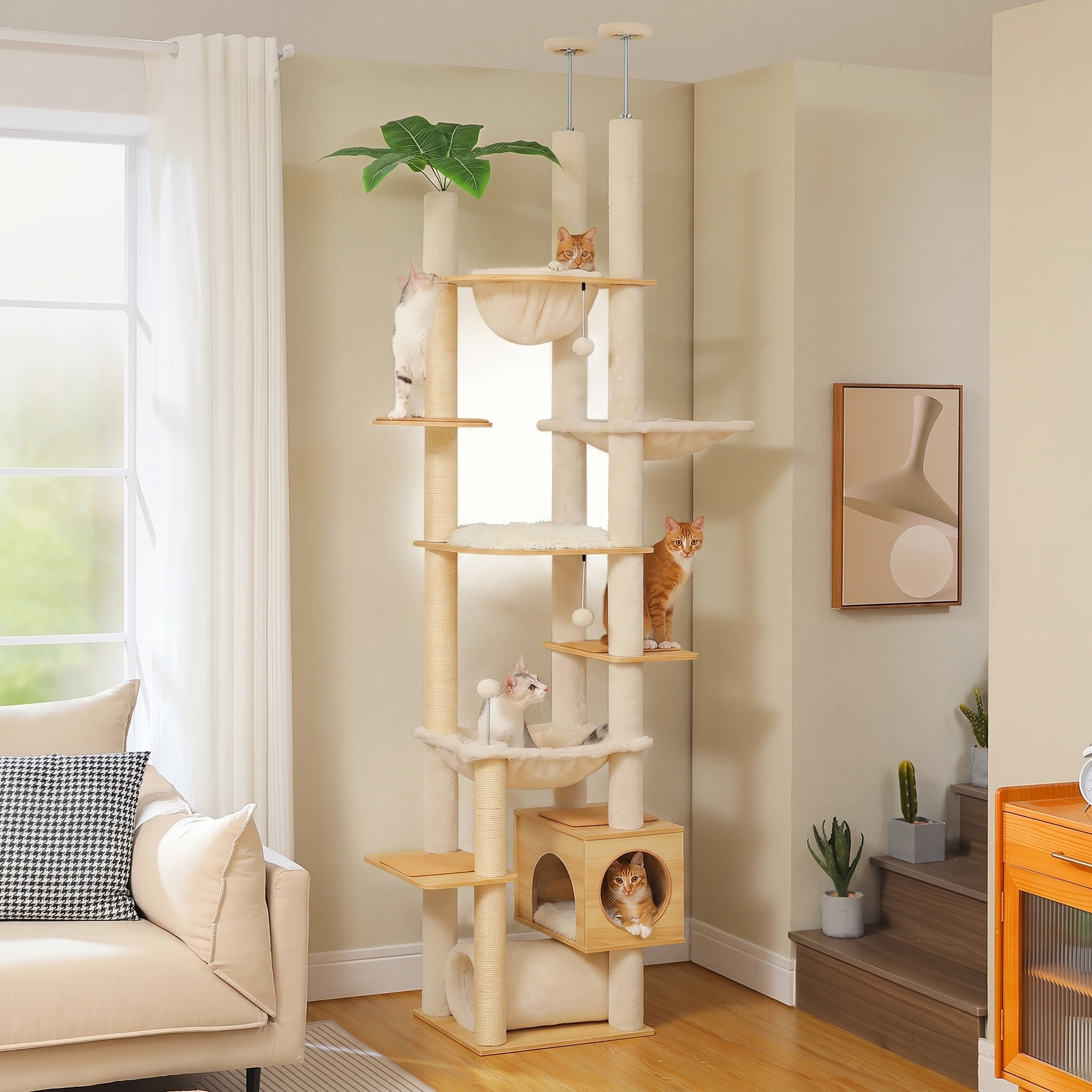 Meridian height adjustable wooden cat tower with large hammock on a white background
