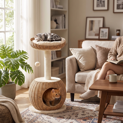 Lumen rattan cat tower in use with a cat on the top perch