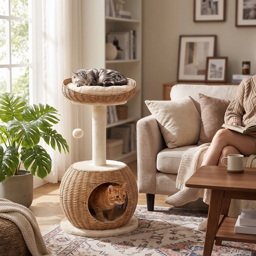 Lumen | Rattan Cat Tower with Woven Condo and Cushioned Top Perch